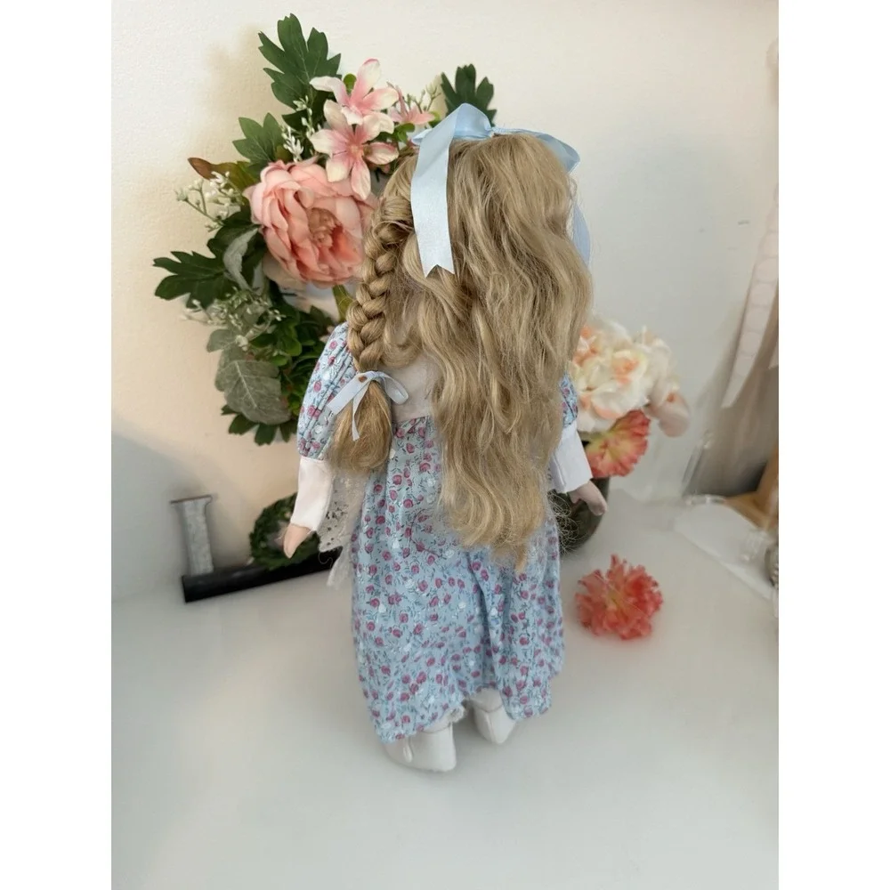 Porcelain Doll Blond Braids Hair Floral Print & White Lace Dress 16